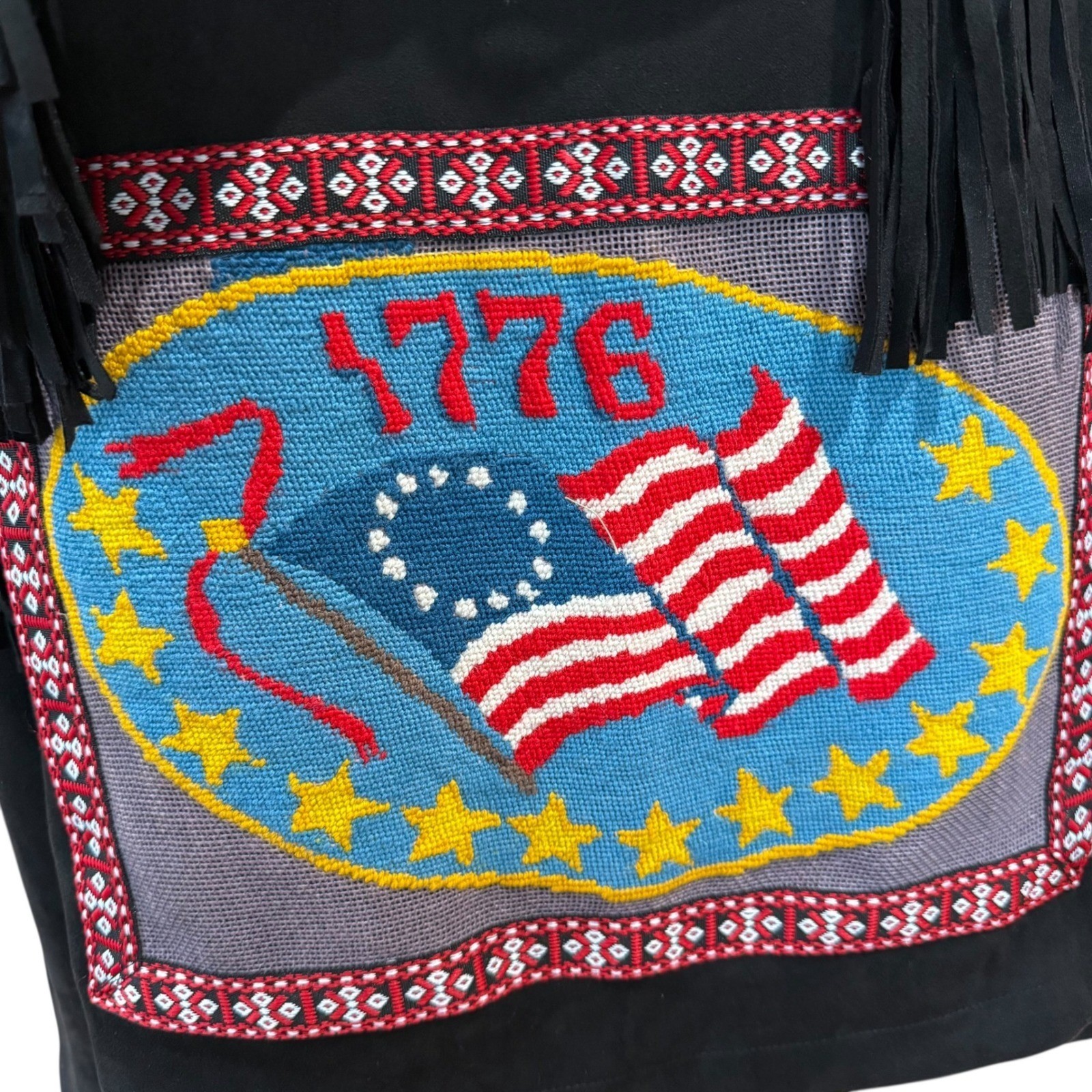 Lesal Up-Cycled Treasures Fringe Western Jacket 1776 Flag Large