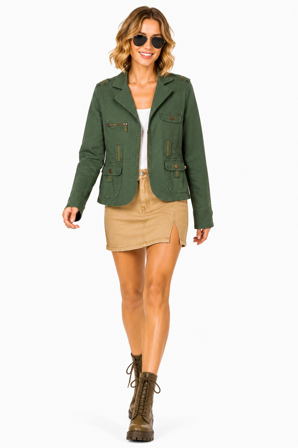 Mecca Femme Womens Military Utility Jacket Stretch Cotton Zip Cargo Olive Size M