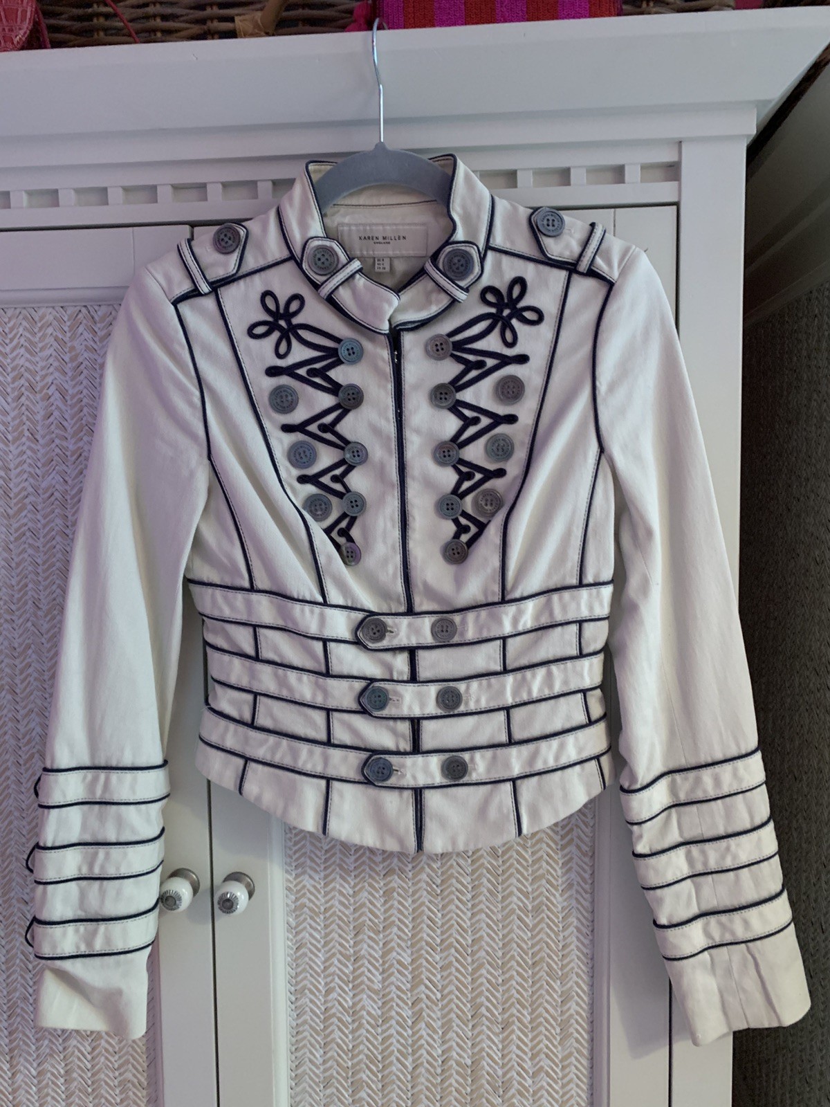 RARE Vintage 2006 Karen Millen Cream Navy Short Cutwork Military Jacket UK 6 8