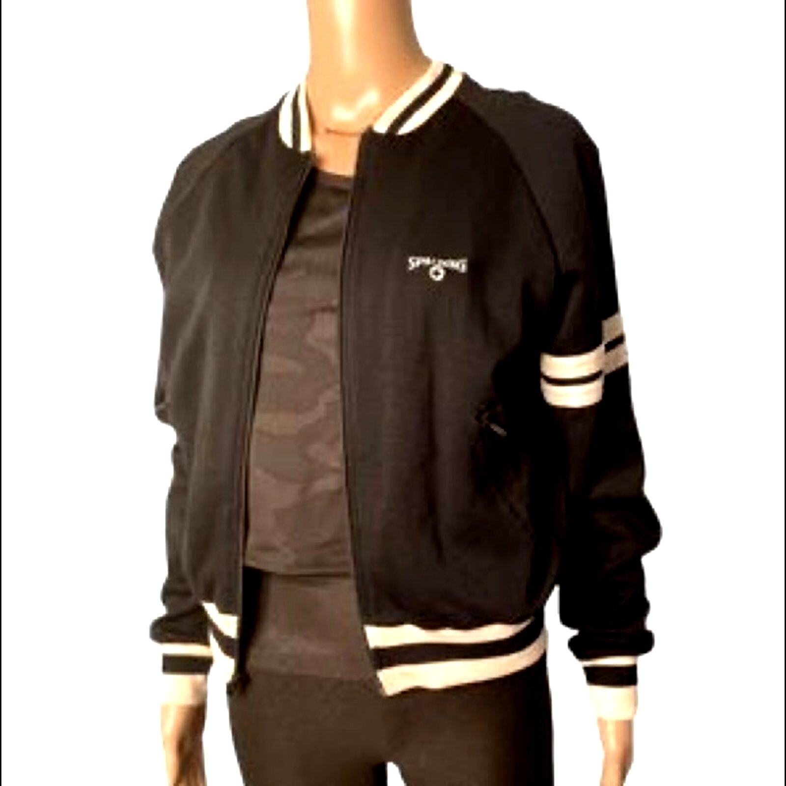 Vintage Spalding Jacket Women M Black Cream Stripe Varsity Full Zip Athletic Gym