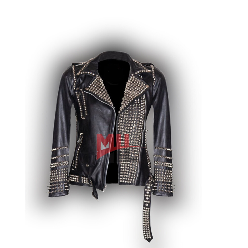 Handmade Women Black Studded Leather Jacket, Collar Fashion Jacket With Belt