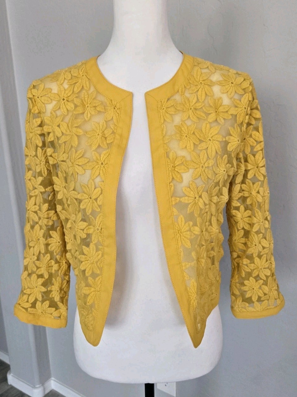 Yellow Floral Lace Sheer Jacket Academia Preppy Cardigan Anne Klein Sz 8