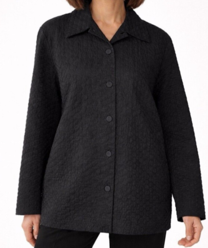 Eileen Fisher Textured Button Up Jacket L Cotton Nylon Circle Stitch Dress Coat