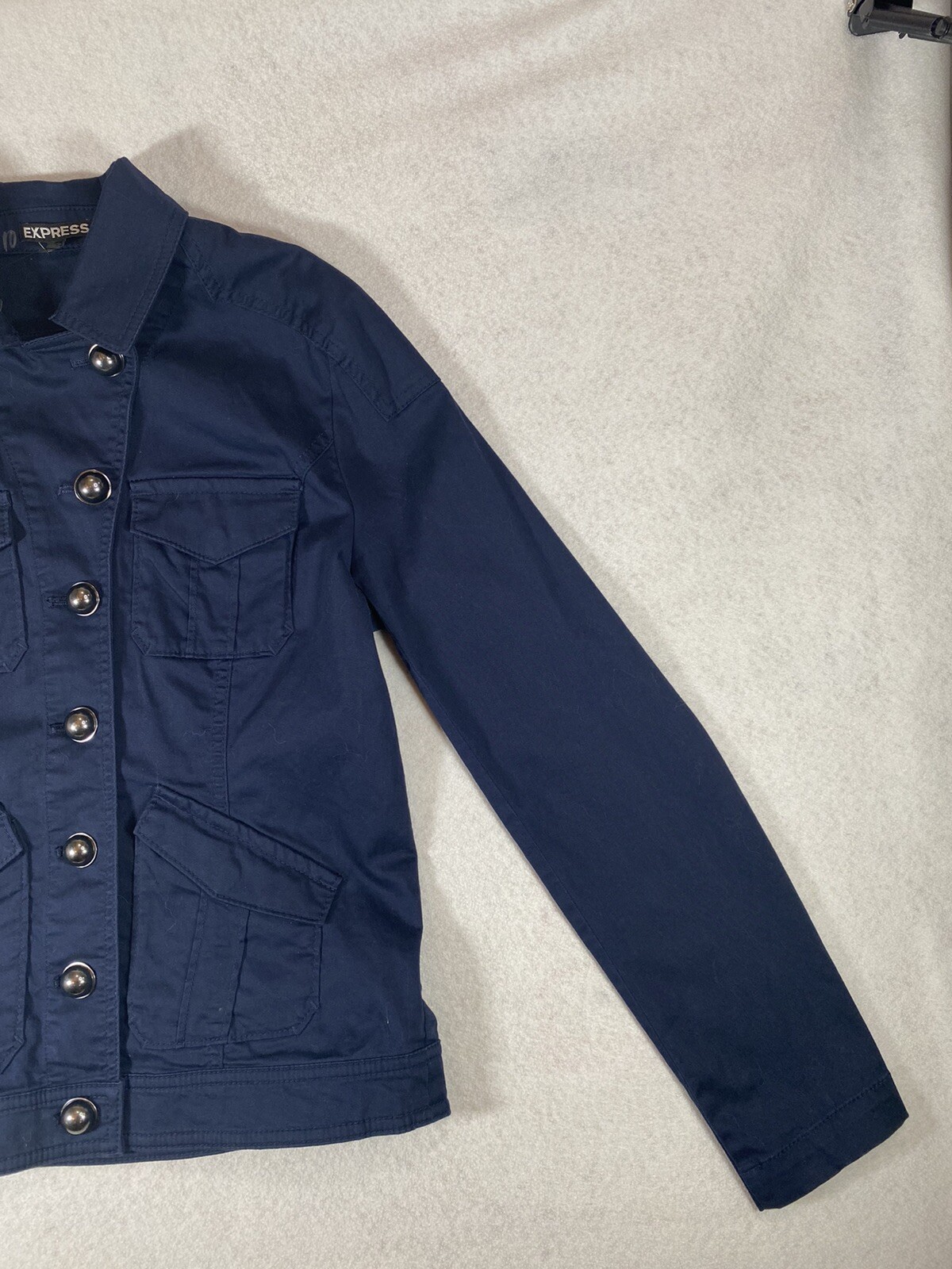 NWT EXPRESS Women’s Blue Jacket with Gray round Buttons Medium. SIZE M