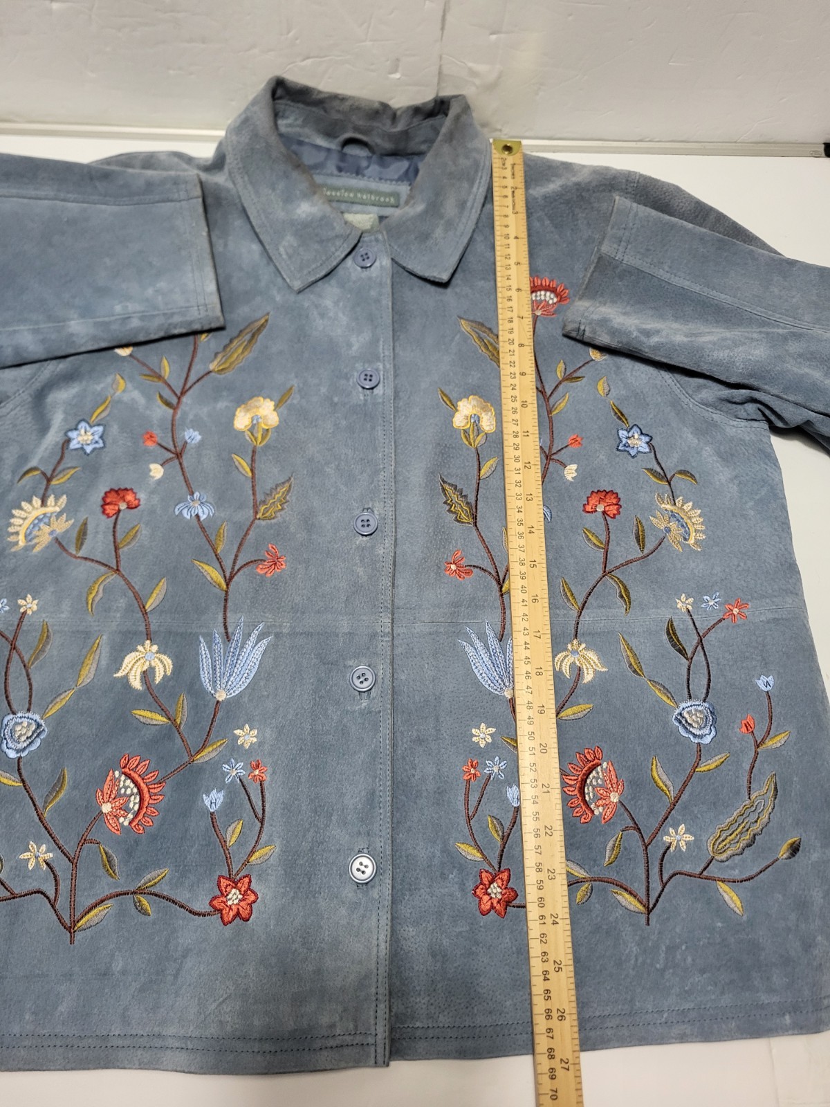 Jessica Holbrook Womens Floral Blue Leather Lined Career Blazer Jacket XL
