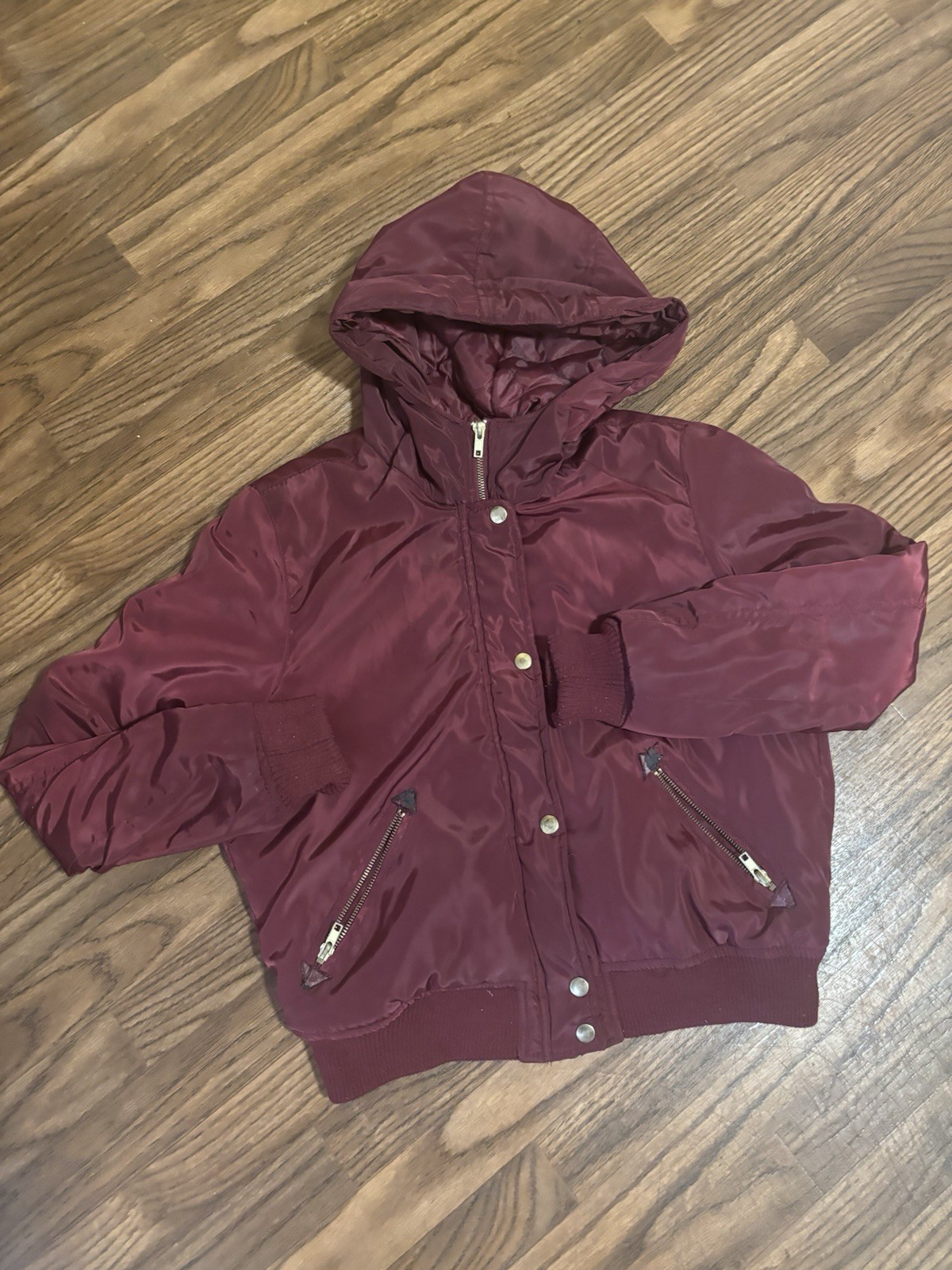Woman’s Full Zip Full Button Burgundy Bomber Jacket Size Medium Pre Owned