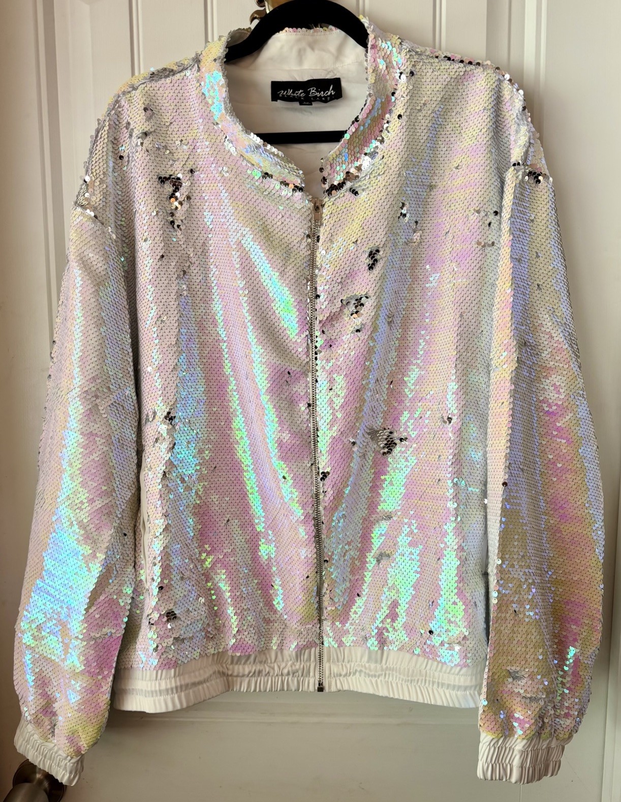 White Birch 2X Iridescent Sequin Bomber Jacket White Zip Front Plus Size