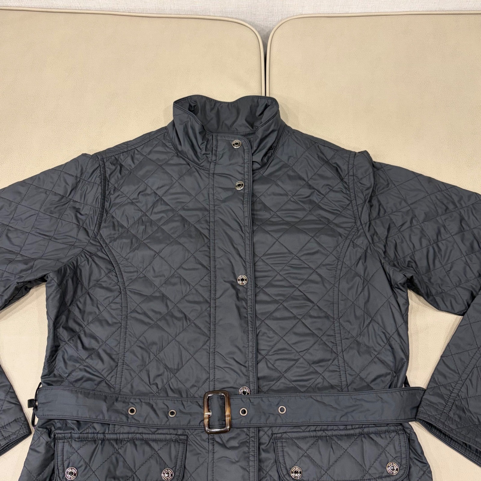 Peter Millar Womens Black Quilted Belted Jacket Plaid Lining LF15Z02 Size M