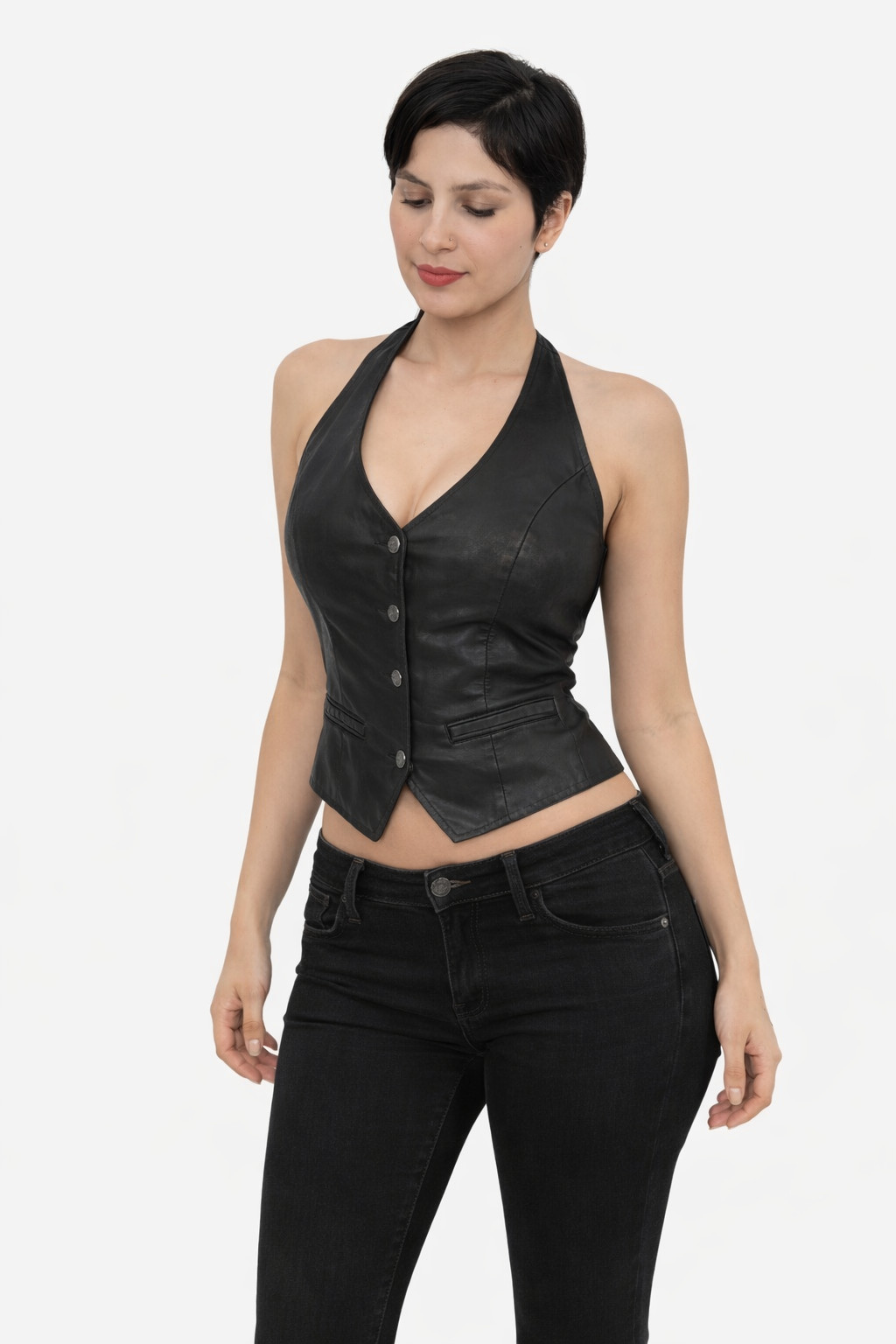 Women Genuine Baby Lamb Leather Fitted Western Biker Style Vest Handcrafted