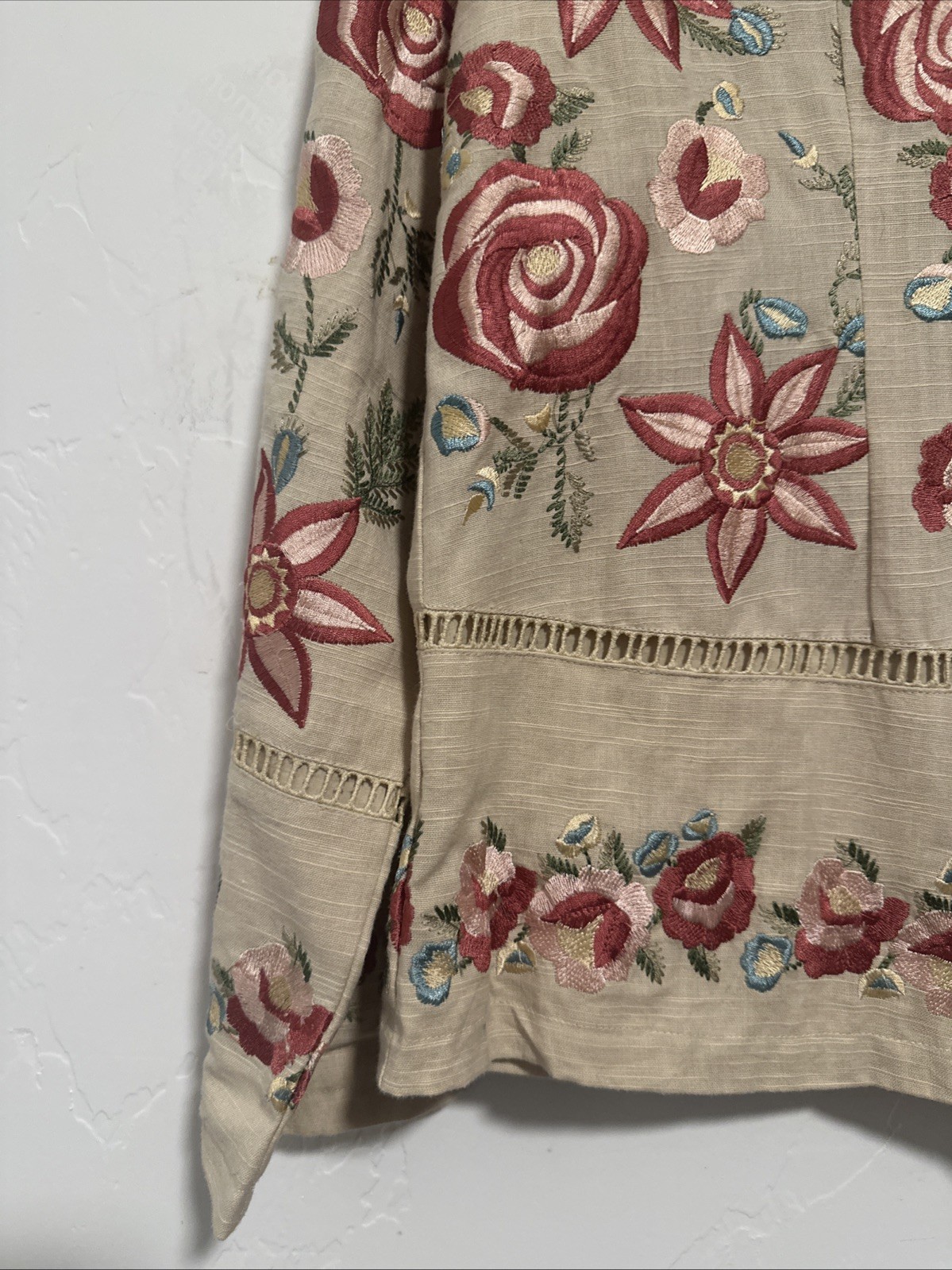 April Cornell Heavy Embroidered Beige Mandarin Collar Jacket Size XS NWT