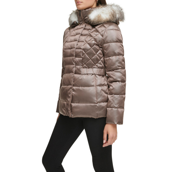 Kenneth Cole Mixed Quilted Metallic Puffer with Faux Fur Trimmed Hood