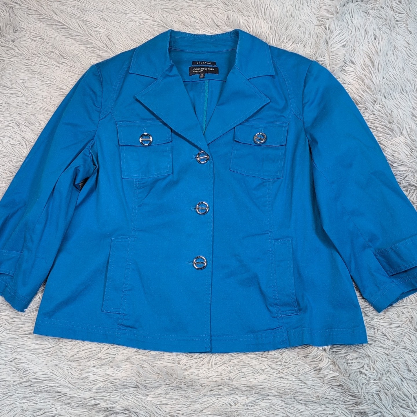 Jones New York Jacket Womens XL Blue Coat Pockets Button Up Stretch Lightweight