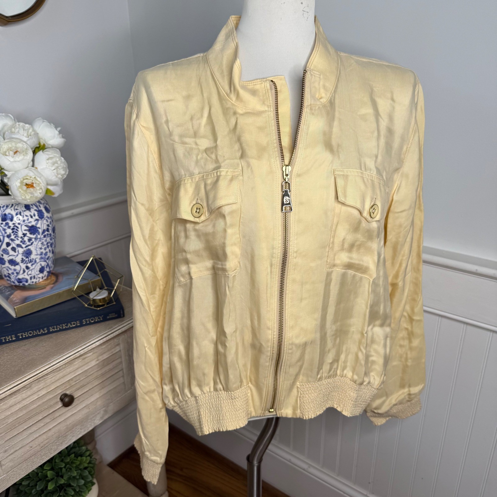 Spartina 449 Womens XL Pale Yellow Full Zip Smocked Bomber Jacket NWOT