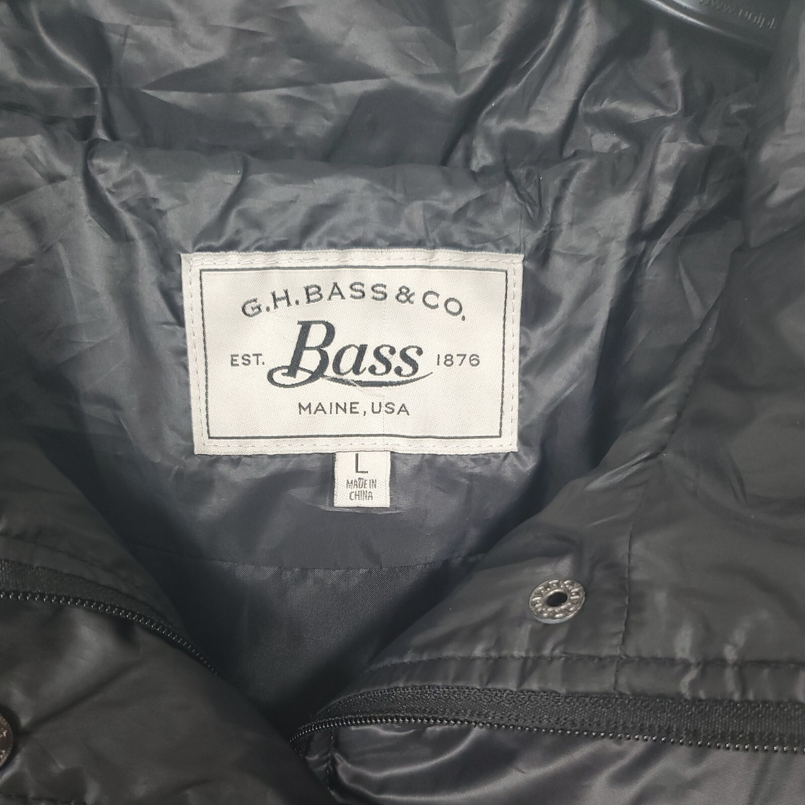 GH Bass CO Womens Black Full Zip Snap Puffer Vest Down Feather Knit Back SZ L