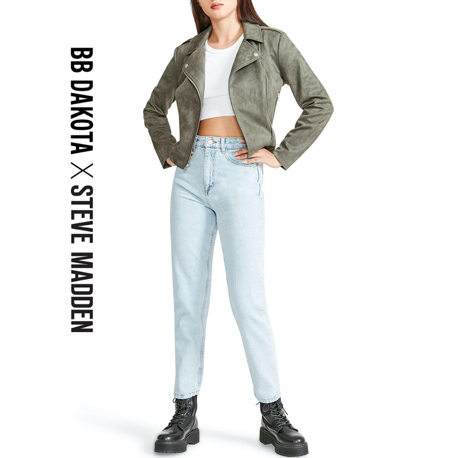 NWT $99 BB DAKOTA BY STEVE MADDEN Women L VEGAN Faux Suede Moto Jacket in Green