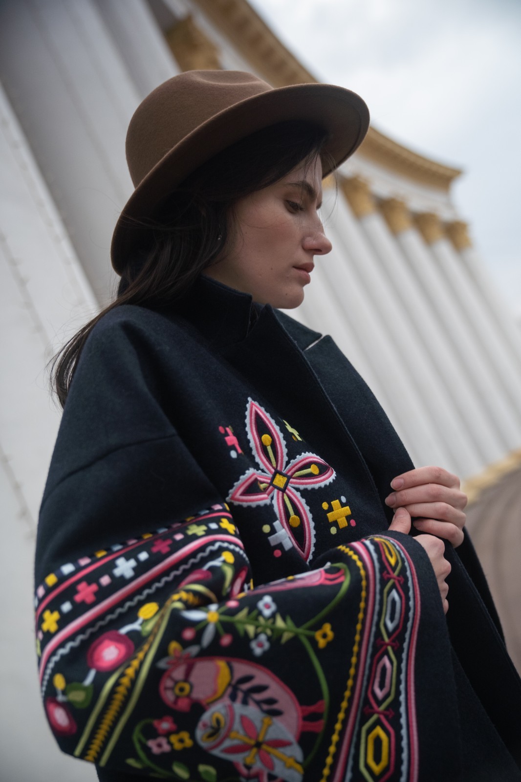 Navy Wool Handmade Embroidered Coat: Floral Boho Ethnic Retro Style, Warm Padded