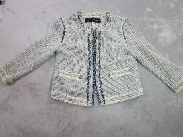 Zara Basic Jacket Womens Medium Blue Tweed Fringe Open Front Collarless Lined