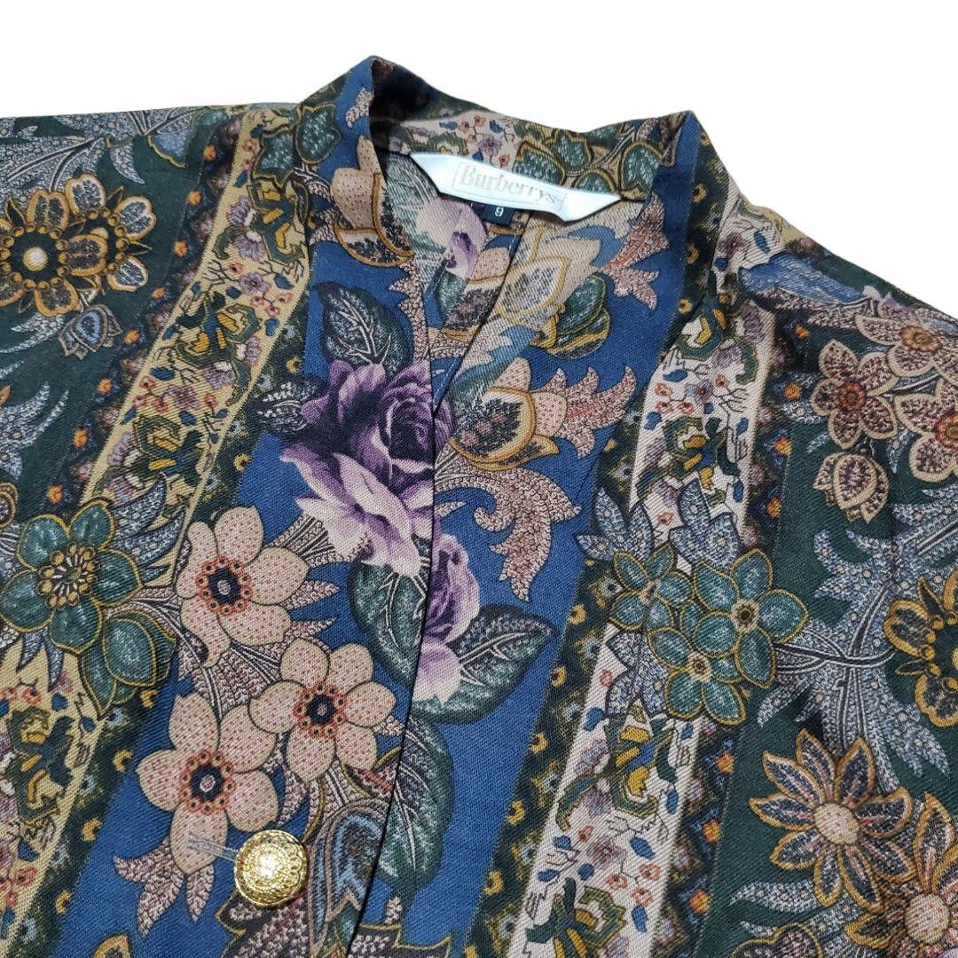 BURBERRY Floral pattern No collar Jacket 9 Navy X Purple Width 19.48″ Auth Women