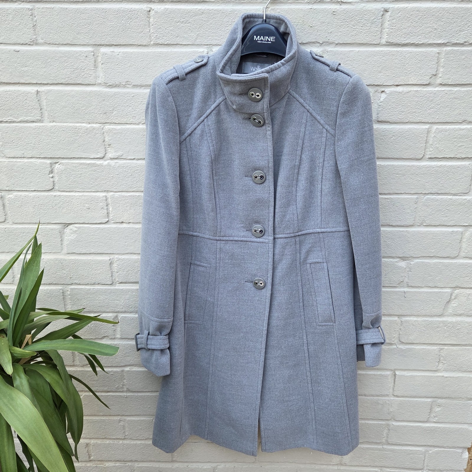 Wallis Grey Overcoat Jacket UK 12 Funnel Neck Military Style Long Coat Unworn