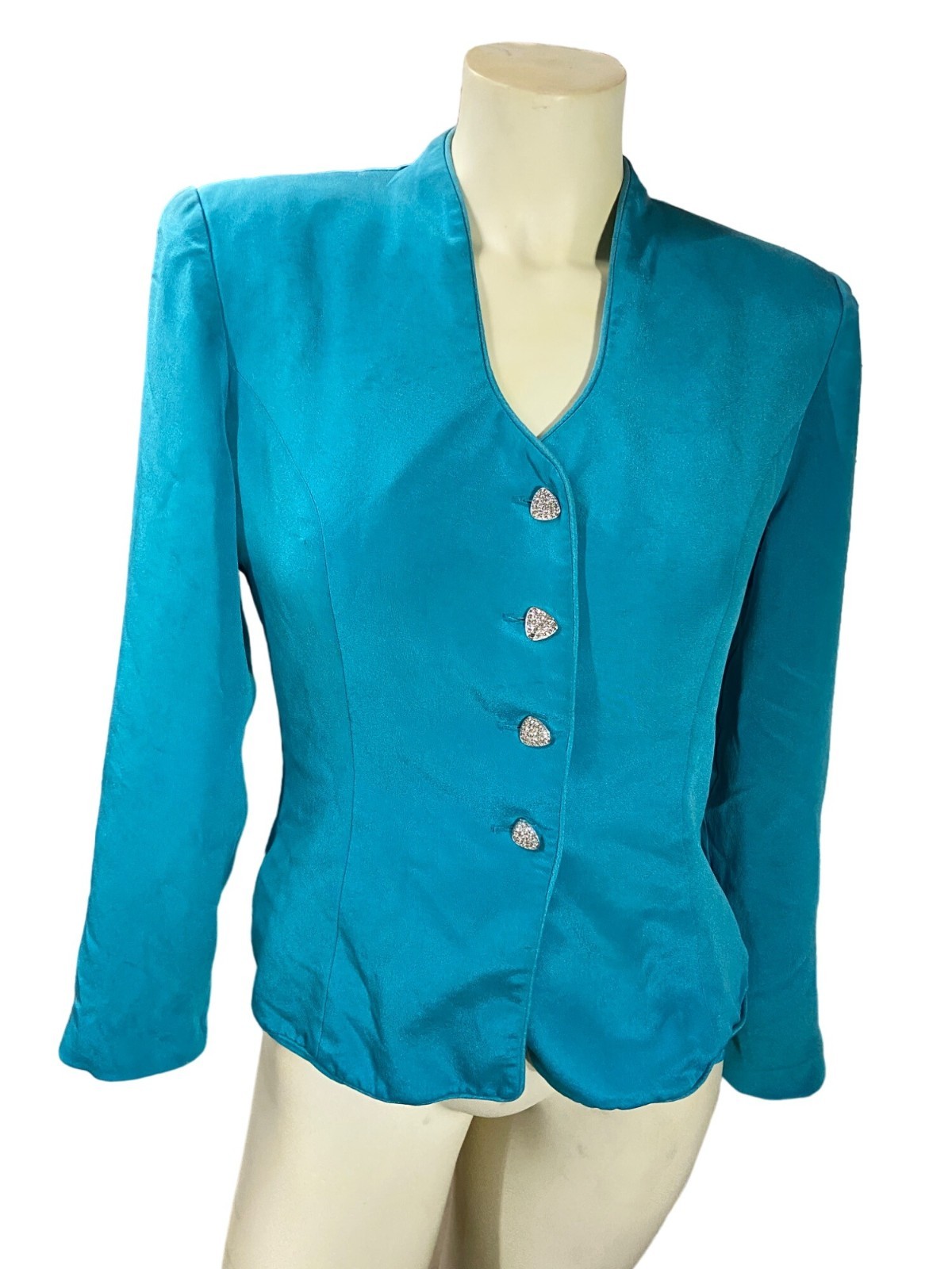 Vintage Rimini by Shaw Silk Blazer Size 6 Teal Rhinestone Buttons Elegant Y2K