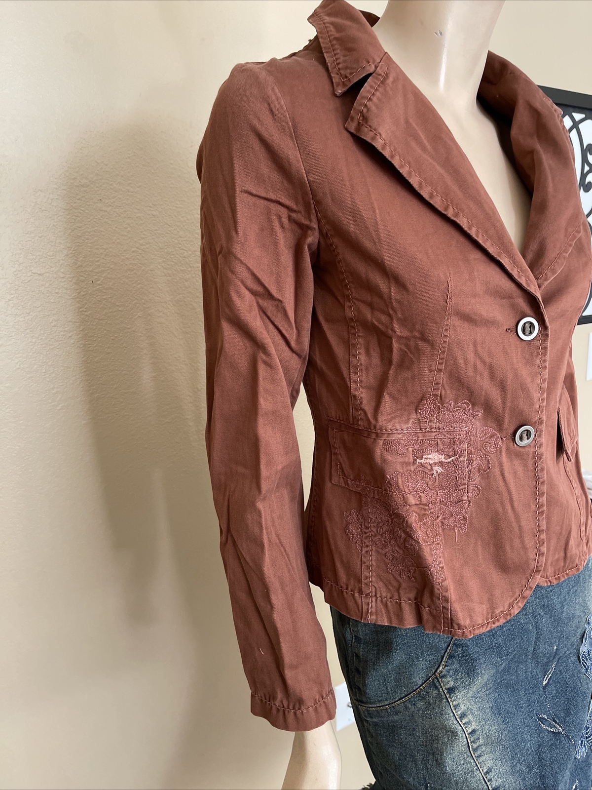 Women’s Brown Cotton Casual Button Metal Embroidered Pocketed Size M Jacket