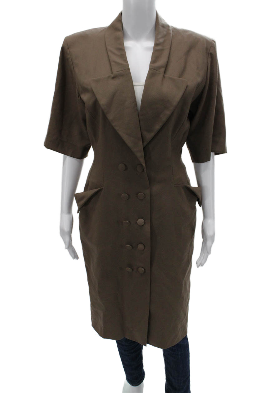 Designer Womens Jacket Dress Brown Collared Button Cotton Half Sleeve Size M