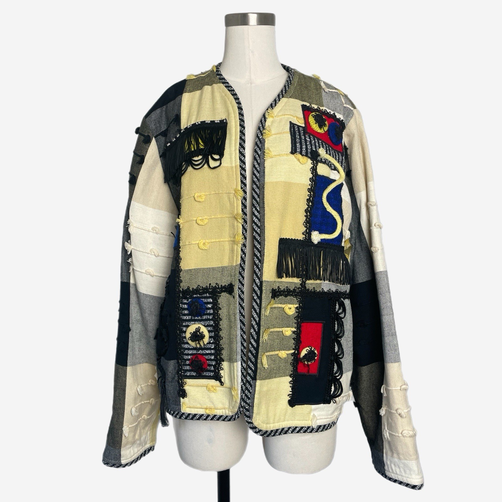 Vintage 80s/90s Crystal Patchwork fringe handwoven textured jacket art to wear M