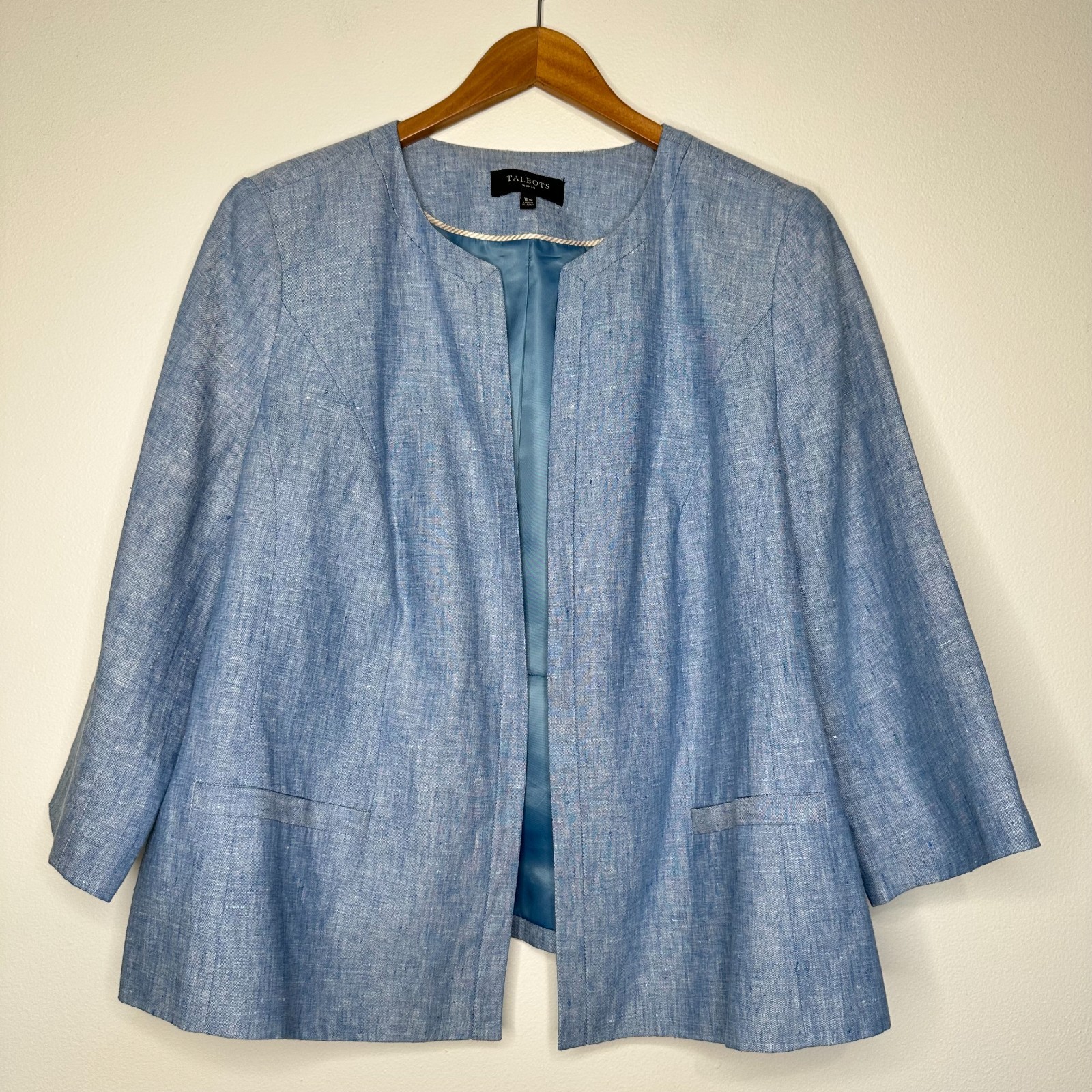 Talbots Linen Blazer Womens Size 16W Blue Open Front Preppy Classic Business