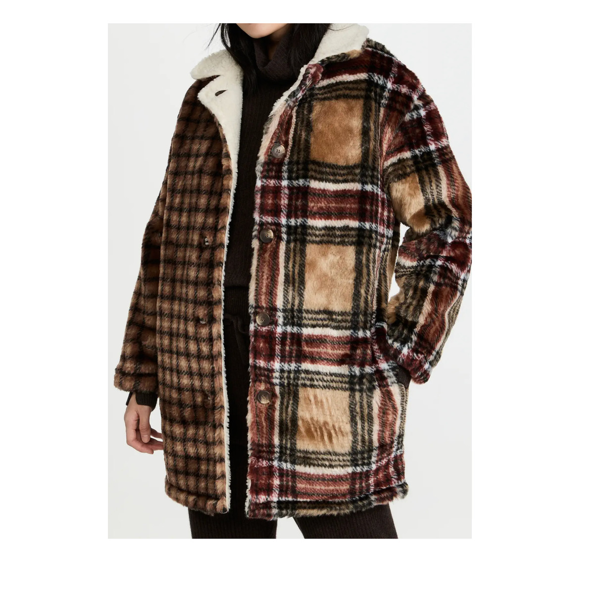 NWT Something Navy Brown Camel Faux Fur Contrast Plaid Coat, Size XXL