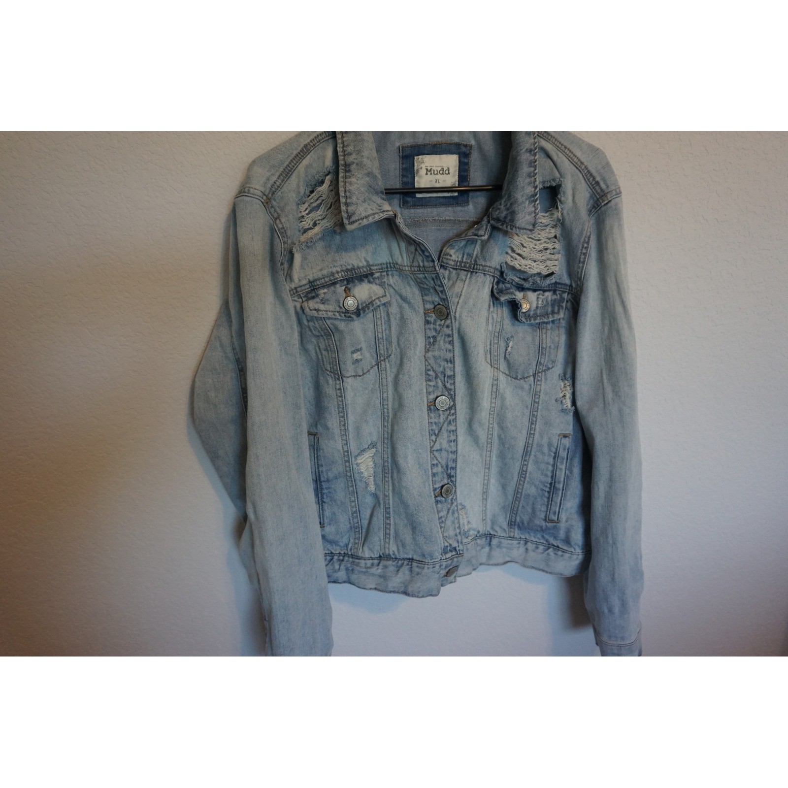 Mudd Womens Light Wash Distressed Denim Jacket Blue Jean XL KC.688