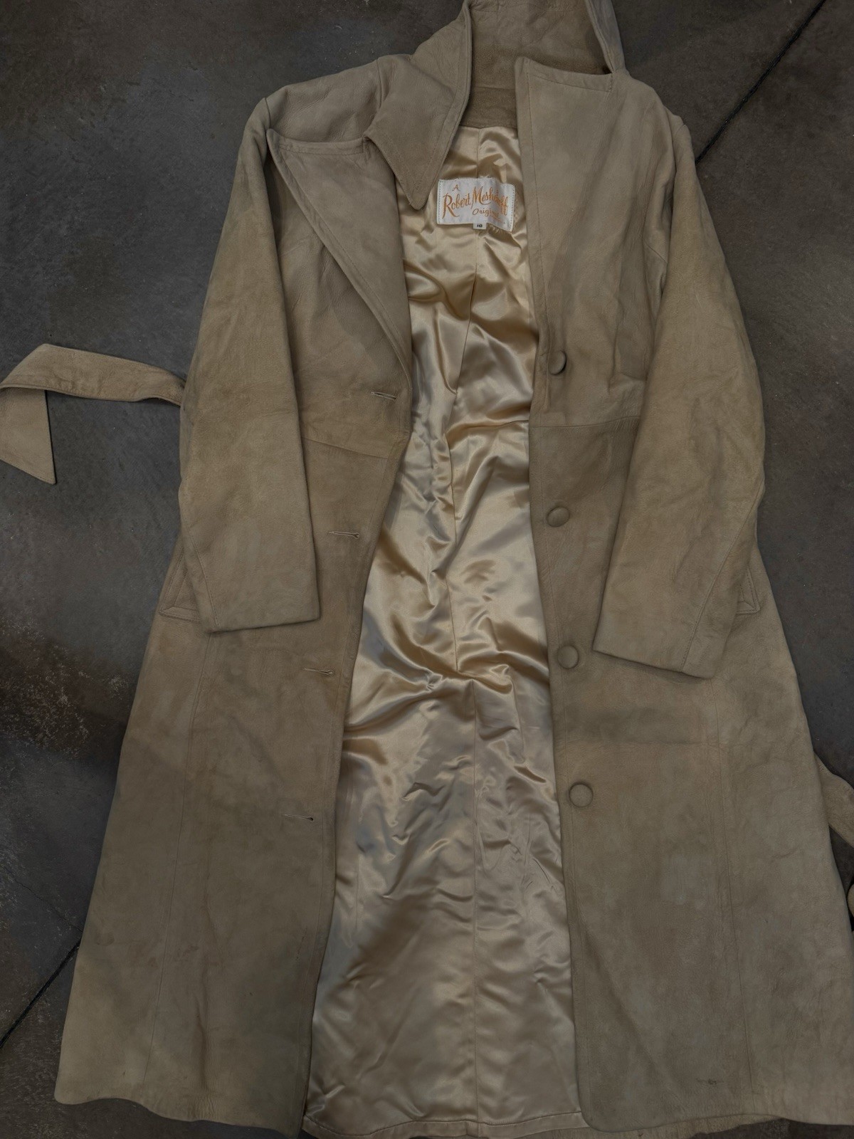 Vintage 1960 Robert Meshekoff Original Tan Suede Leather Trench Coat Women’s 10