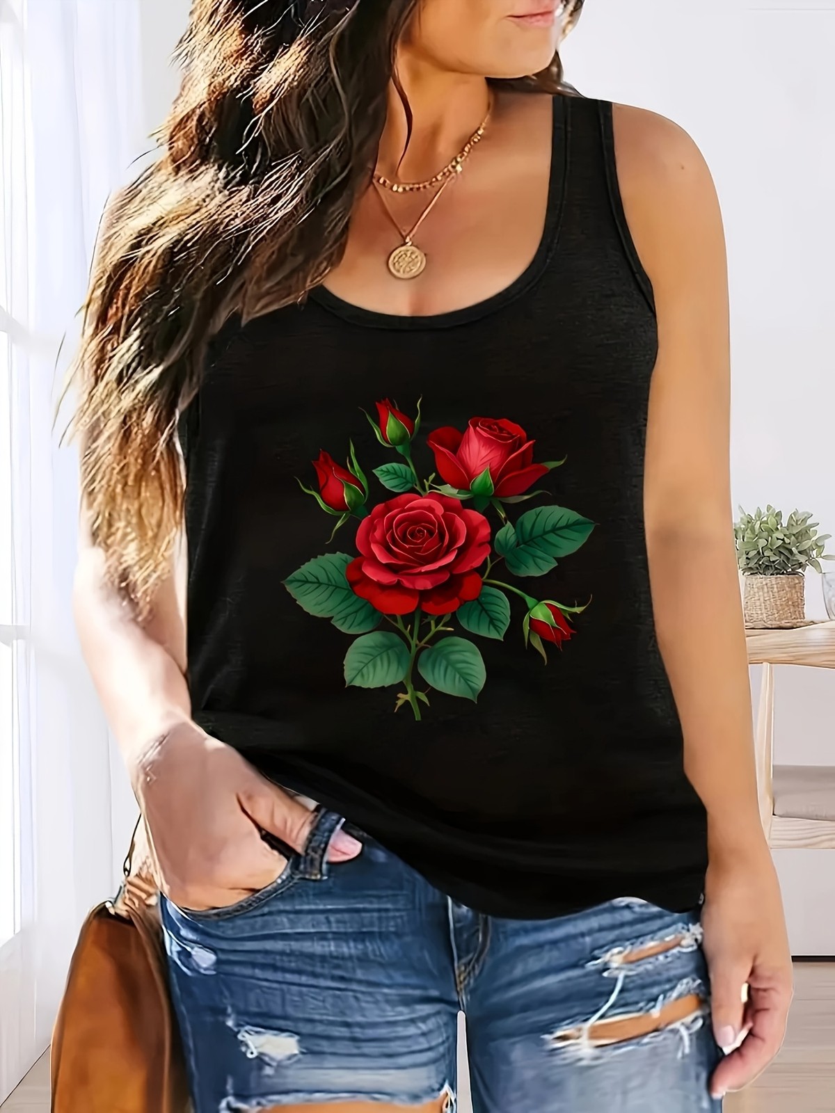 Women’s Casual Sport Tank Top Lady Rose Graphic Printed Sleeveless Summer Top ❀