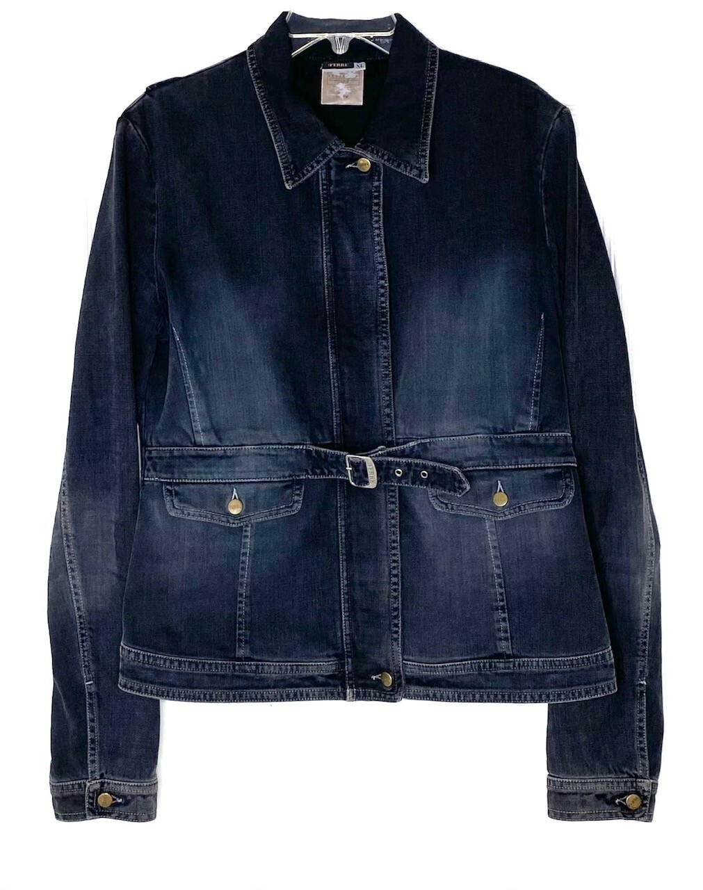 Gianfranco FERRE Jeans Denim Belted Zip Button Logo Biker Moto Jacket XL = 10/12