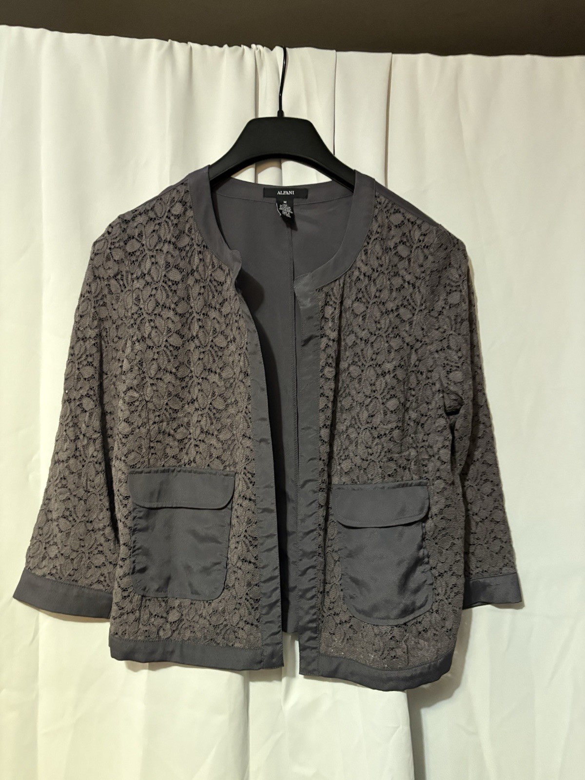Alfani Women’s Gray Open Front Floral Lace Jacket 3/4 Sleeve Pockets M