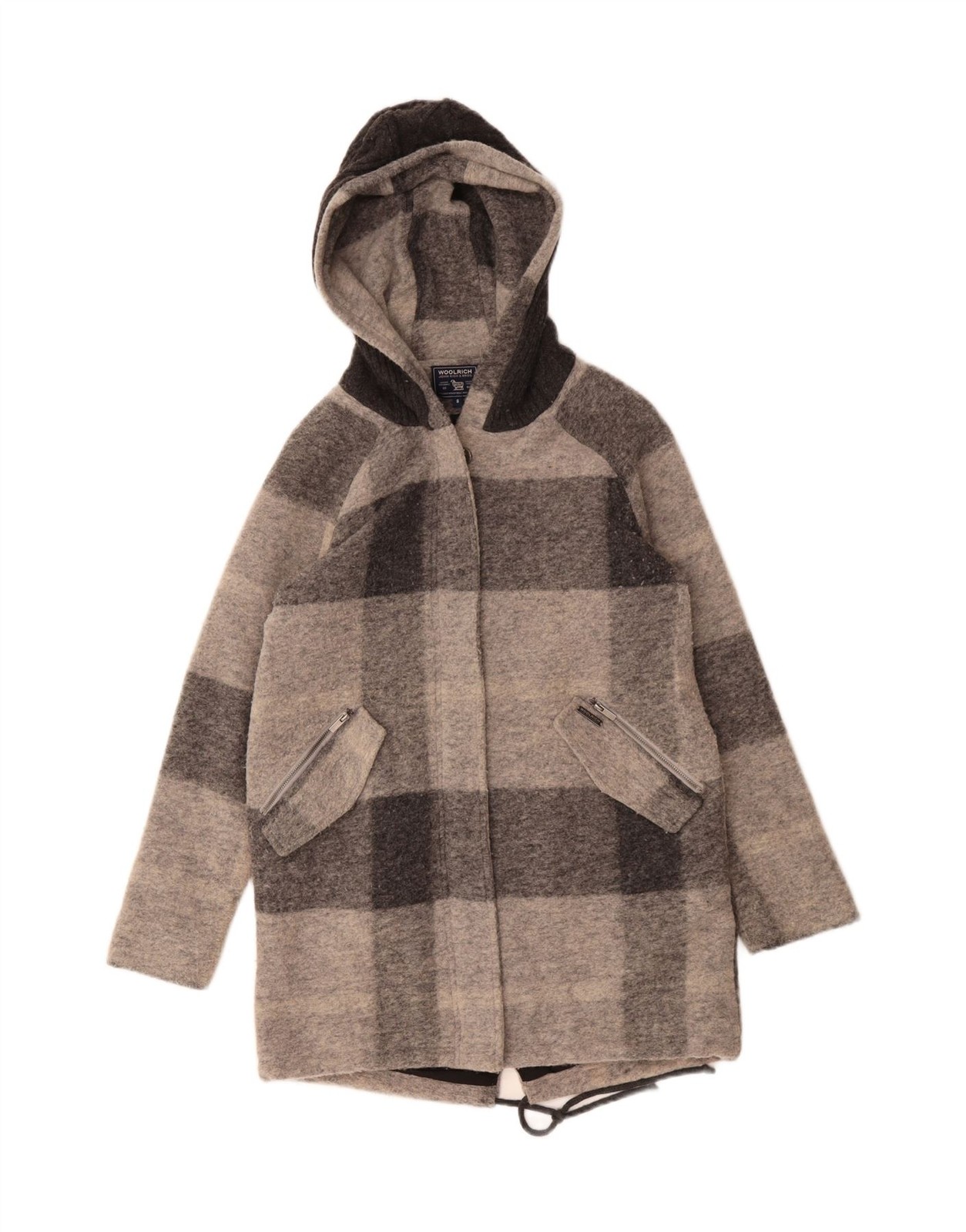 WOOLRICH Womens Hooded Overcoat UK 10 Small Grey Check Wool AT02