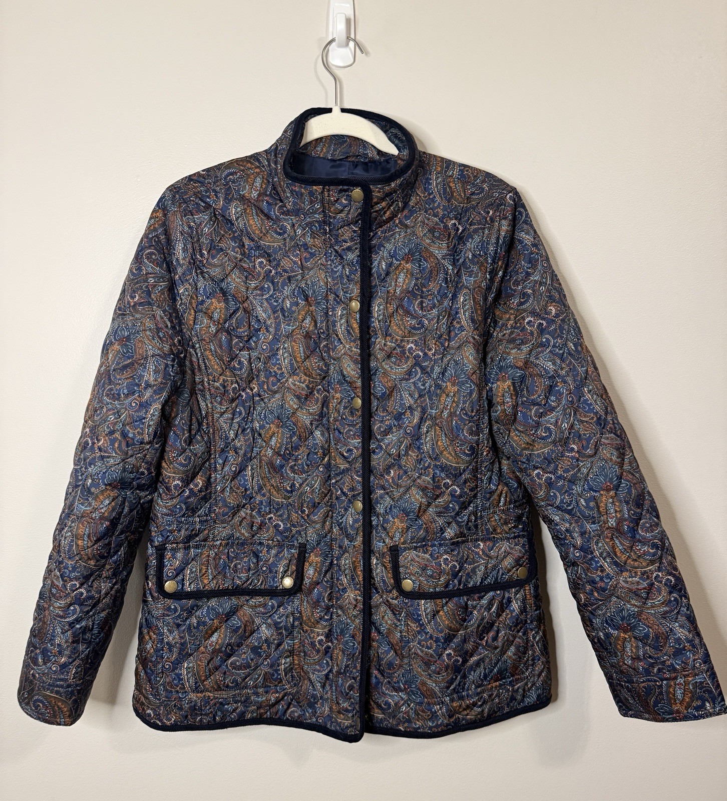 Talbots Gorgeous Quilted Navy & Brown Paisley Jacket Sz L