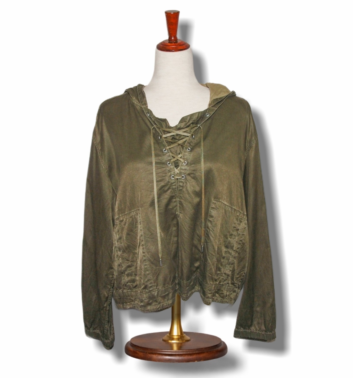 HELMUT LANG sz Large Olive Green Hooded Anorak Lace Jacket Crop Fit Hoodie