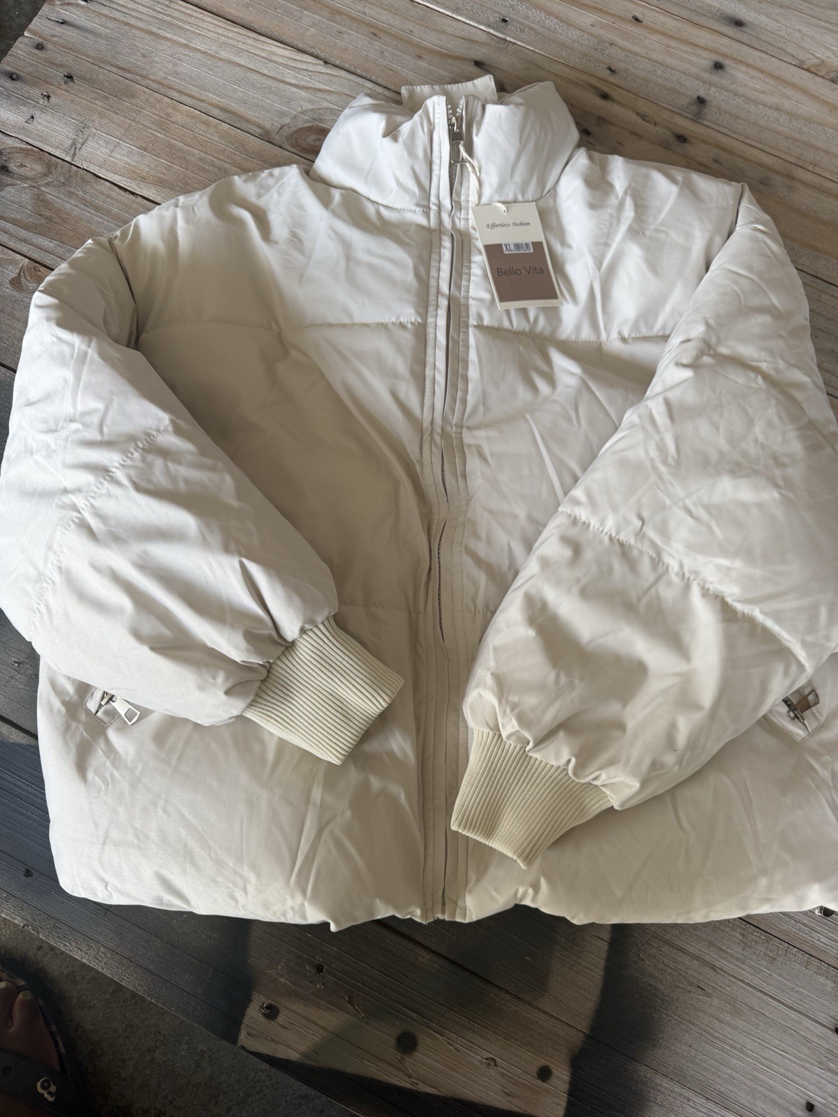 Bello Vita Women’s Ivory Full Zip Puffer Jacket w/ Pockets, XL