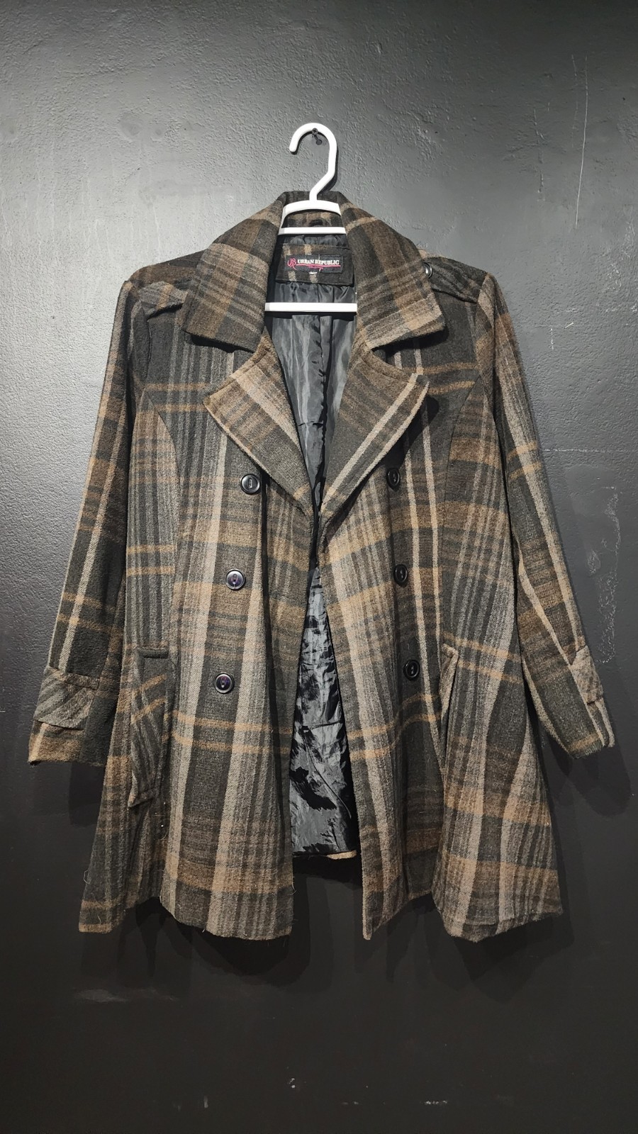 Urban Republic Double Breasted 100% polyester Coat -Black/Brown Plaid Coat