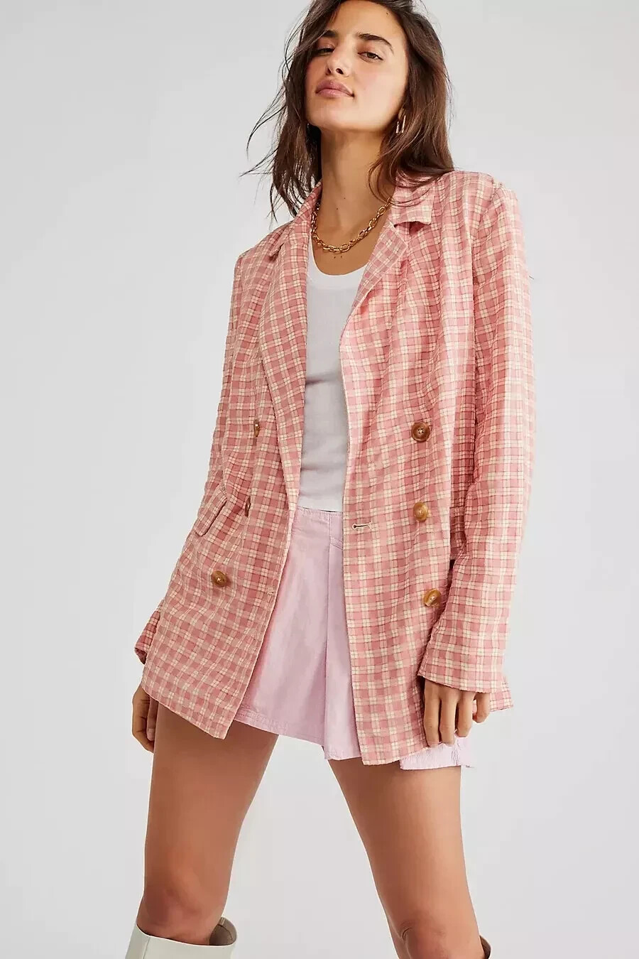 Free People Olivia Gingham Print Notch Collar Blazer Womens Large Belt NOT Incl.