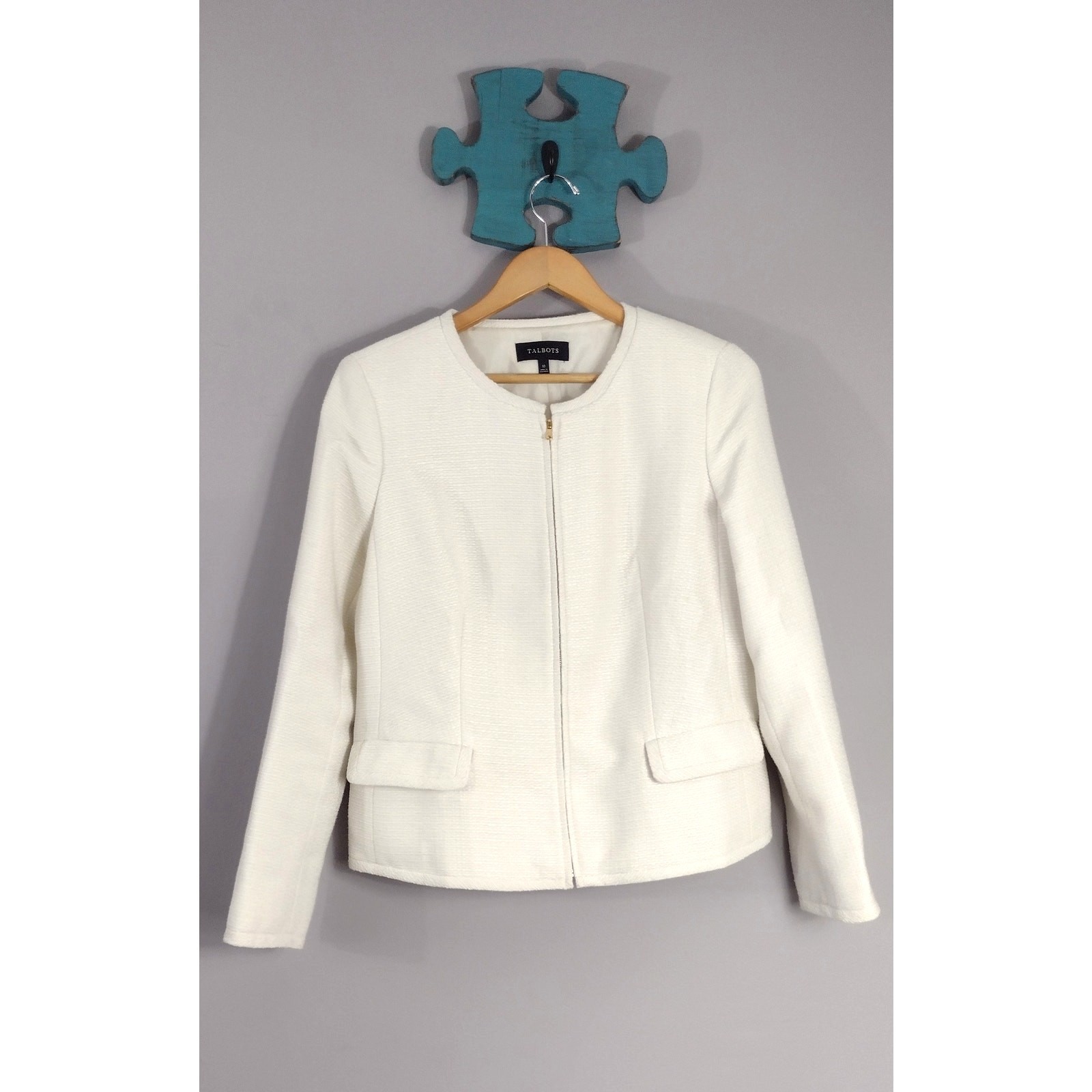 Talbots Womens Zipper Front Jacket Blazer Size 10 White Gold Accents