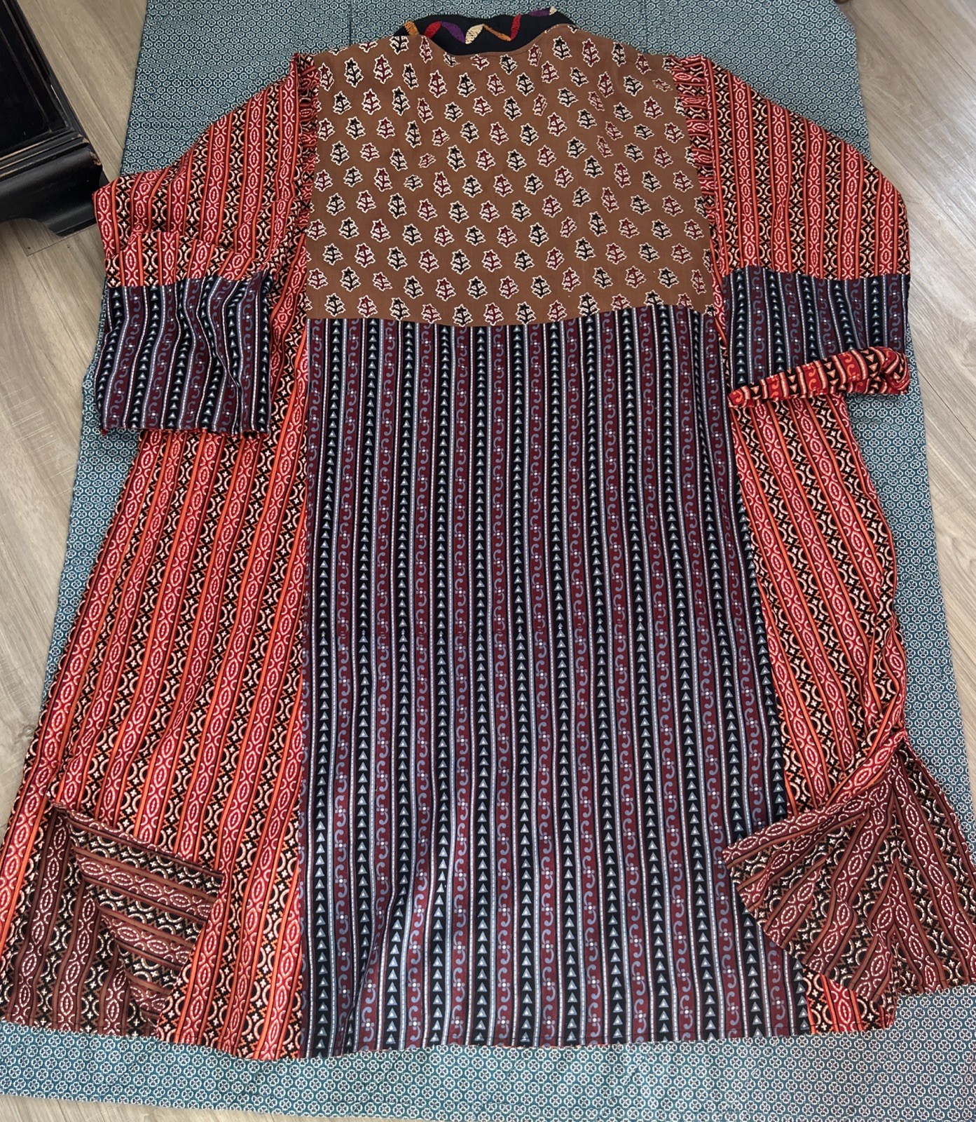 Women’s XL Patchwork Kimono Duster Long Hand Crafted Embroidered Reversible OOAK