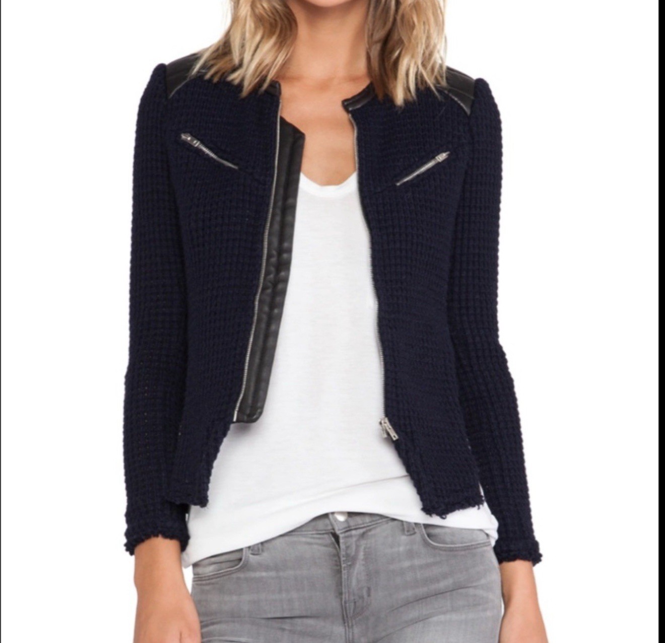 IRO Ceylona Jacket Navy Black leather trim waffle knit Size 36/US 4