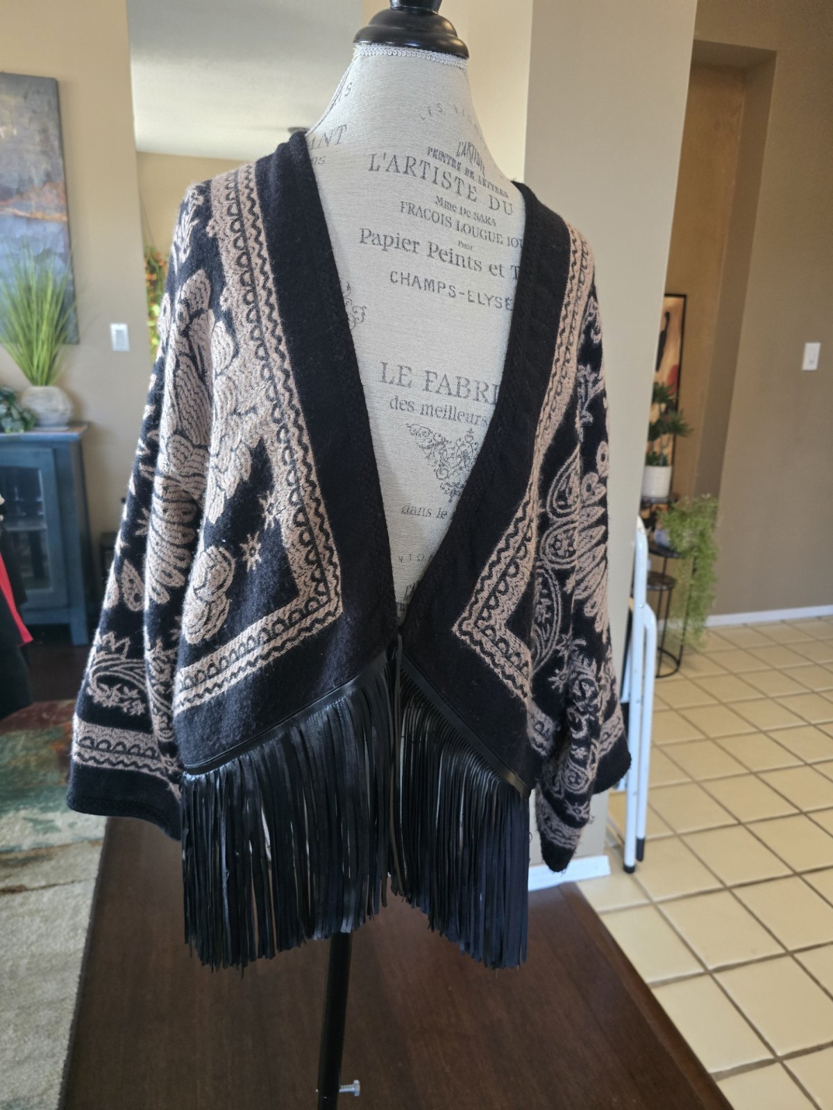 Chico’s Kimono Poncho Small Black/Beige with Black Faux Leather Fringe