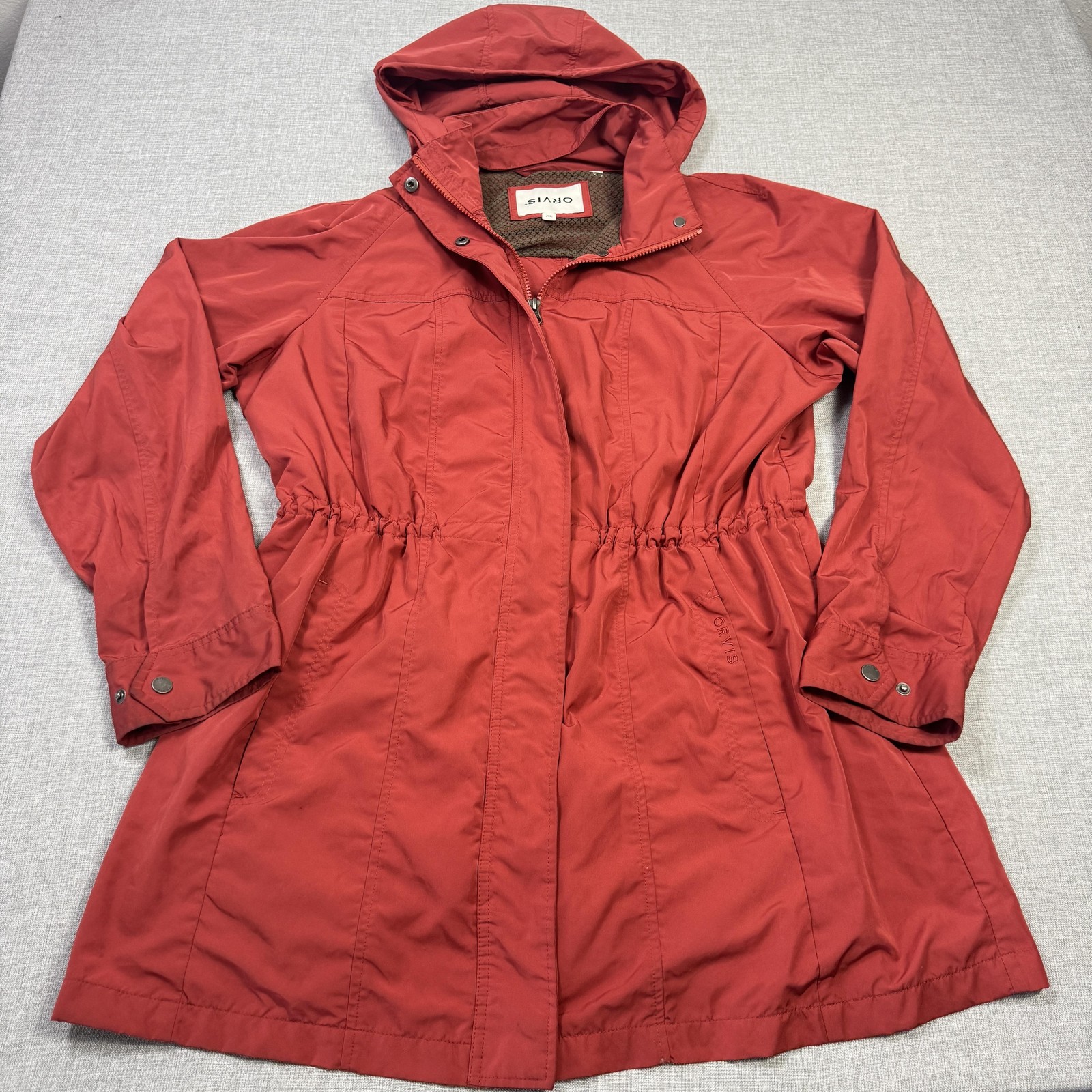 Orvis Coat Womens XL Red Hooded Lined Rain Coat Mid-Length Water Resistant