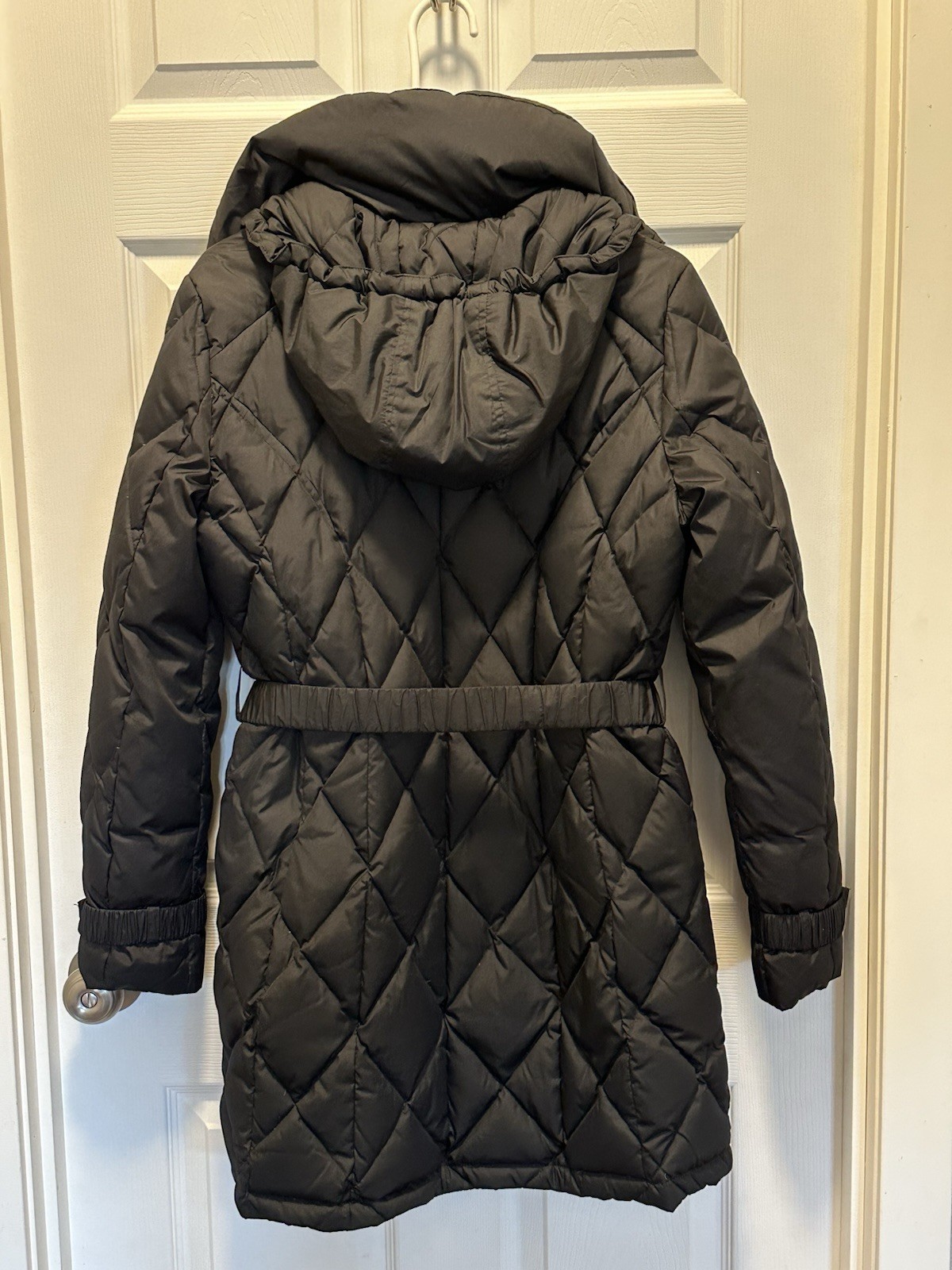 Ellen Tracey Puffer Mid-Length Belted Hooded Jacket With Gold Accents