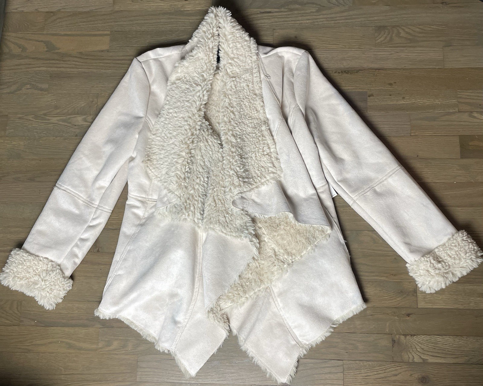 Latte Black Beige Ivory Cream Faux Fur Suede Sherpa Shawl Jacket Coat Sz L Women