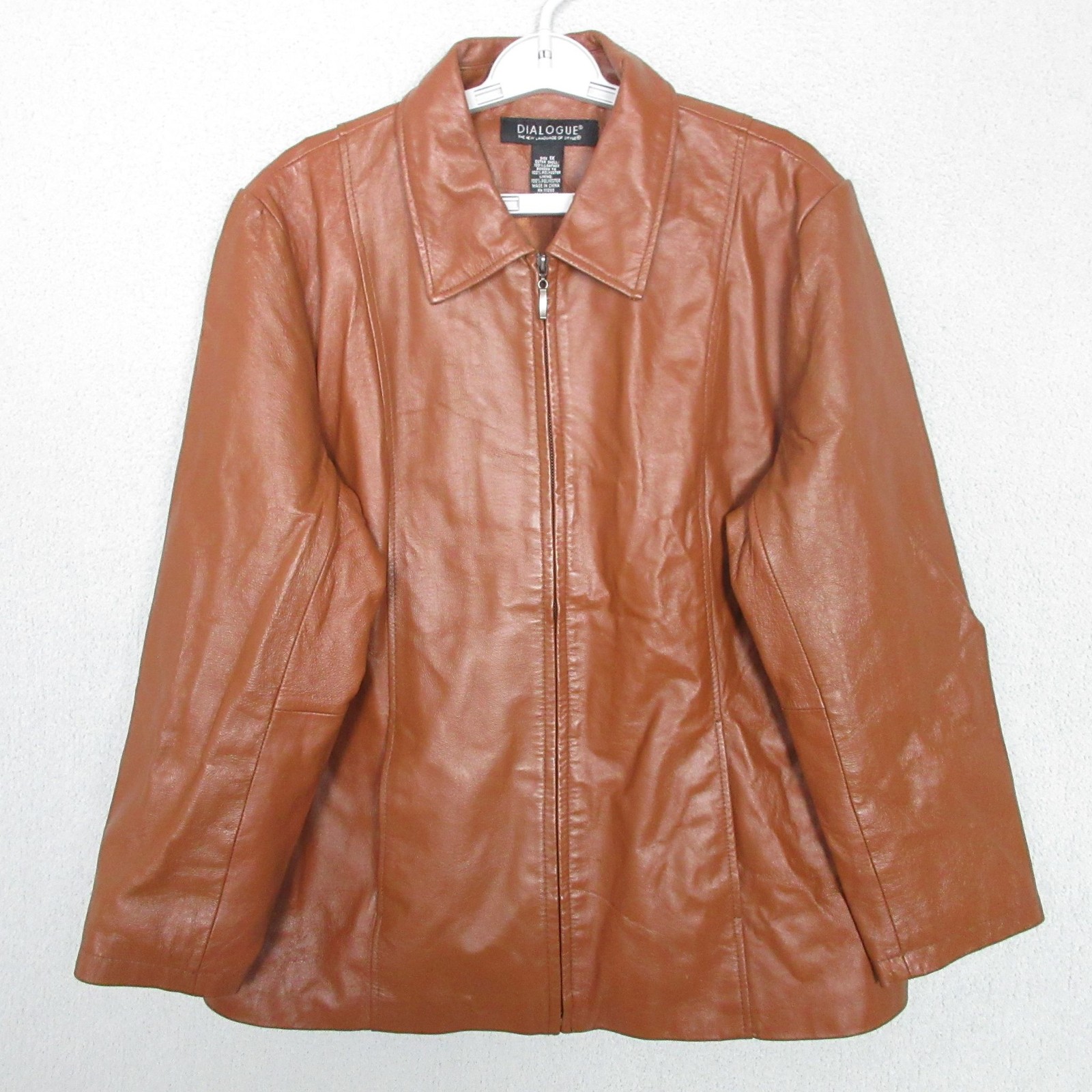 Dialogue Leather Jacket Womens 1X Brown Zip Front Long Sleeve Seamed Panels