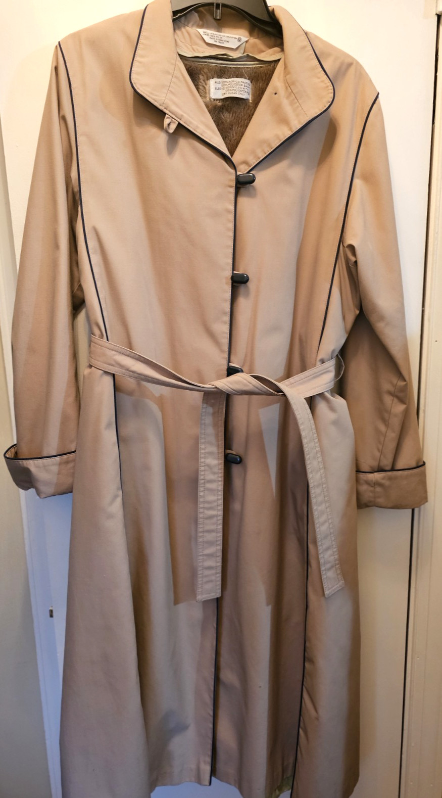 Ladies Tan Long Overcoat with Zip Out Lining-Water Resistant-Blue Trim -Size 12