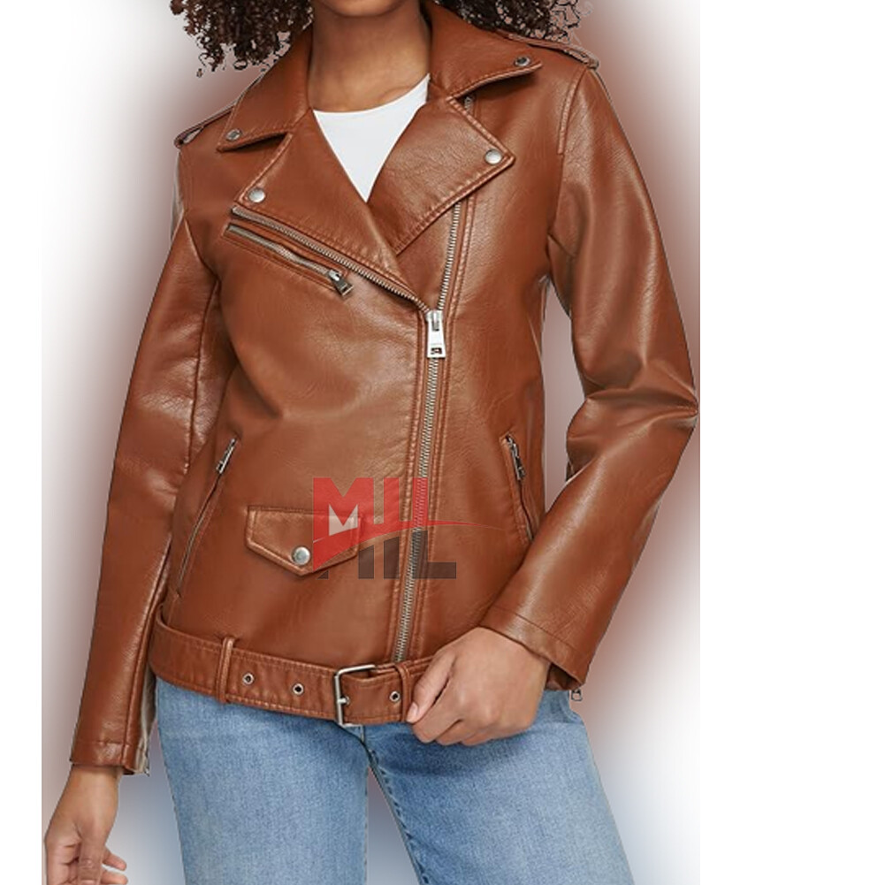 Handmade Women Brown Oversized Genuine Leather Belted Motorcycle Jacket